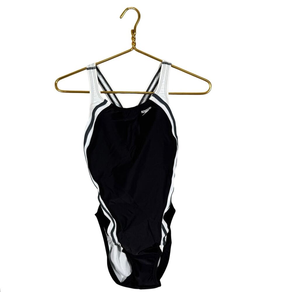 Speedo PowerFLEX Eco One Piece Swimsuit Black White Size 6 Athletic Swim